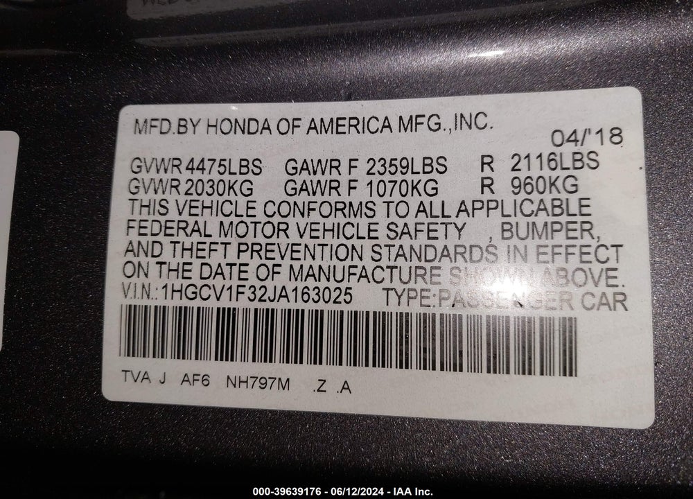 2018 HONDA ACCORD SPORT VIN: 1HGCV1F32JA163025