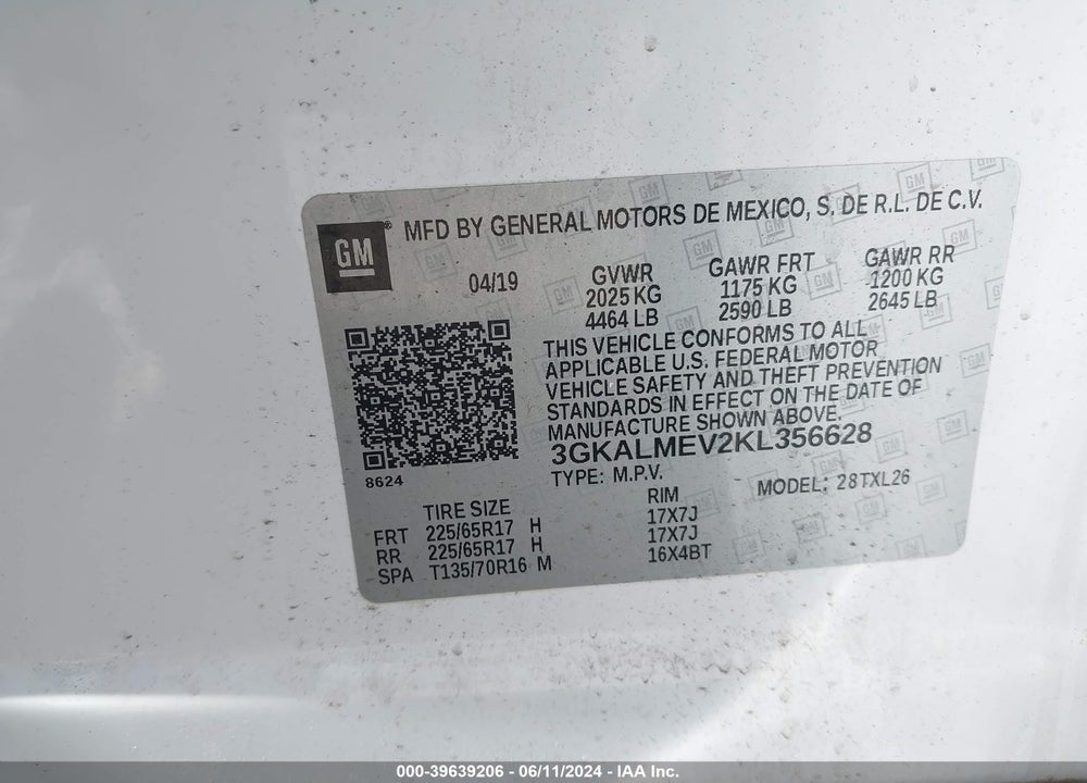 2019 GMC TERRAIN SLE VIN: 3GKALMEV2KL356628