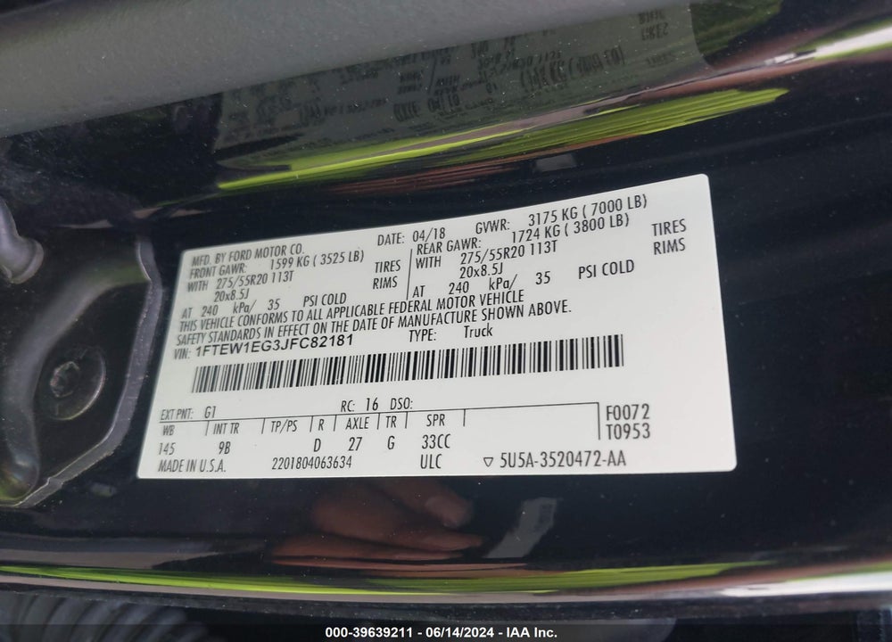 2018 FORD F-150 PLATINUM VIN: 1FTEW1EG3JFC82181