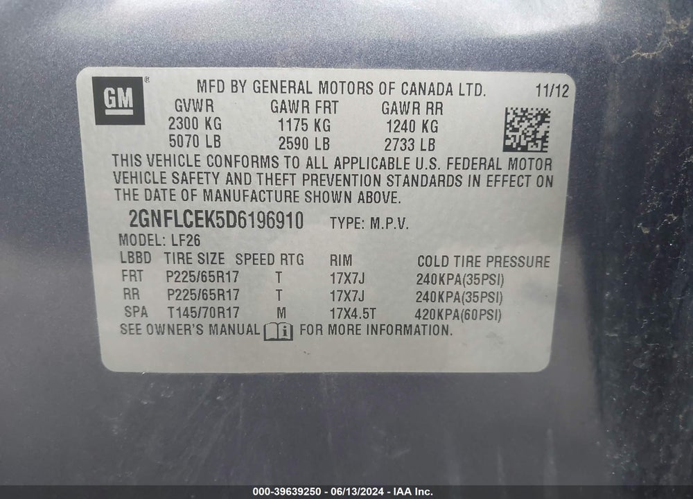 2013 CHEVROLET EQUINOX LS VIN: 2GNFLCEK5D6196910