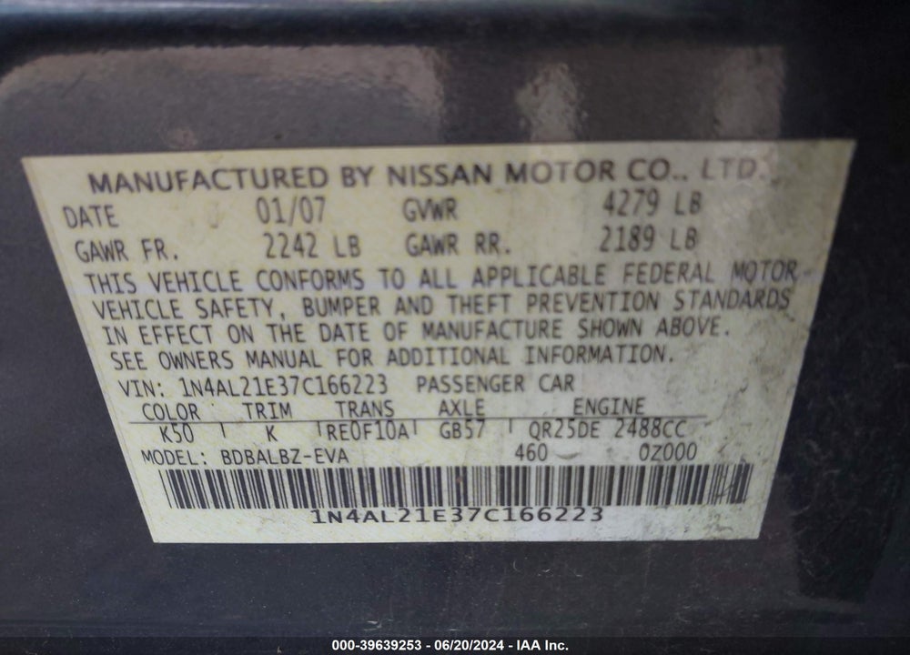 2007 NISSAN ALTIMA 2.5 S VIN: 1N4AL21E37C166223