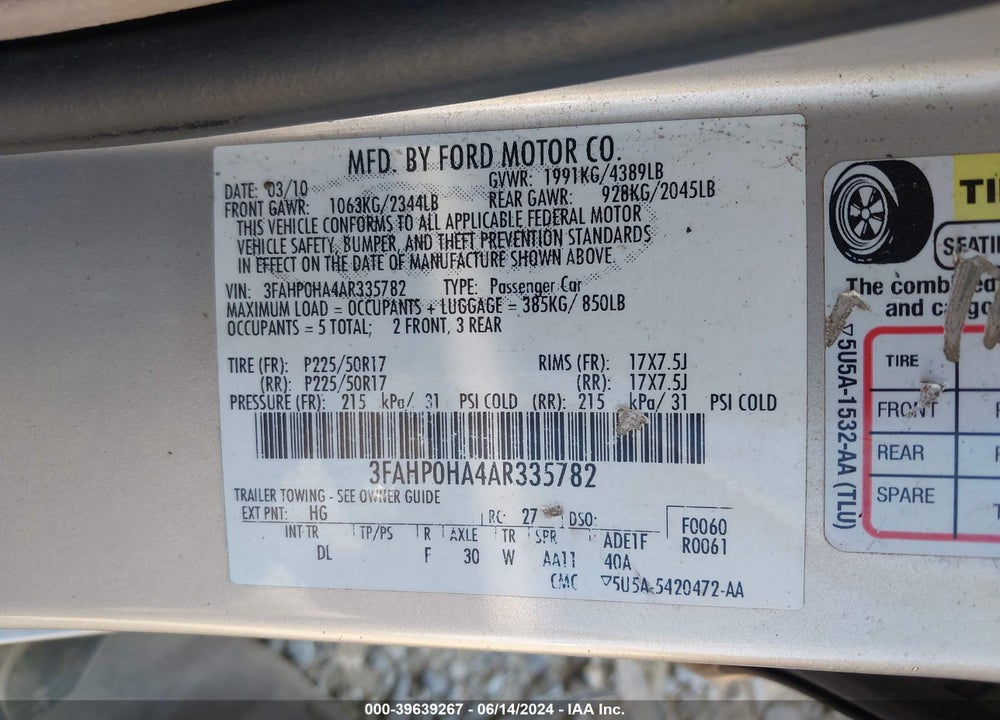 2010 FORD FUSION SE VIN: 3FAHP0HA4AR335782