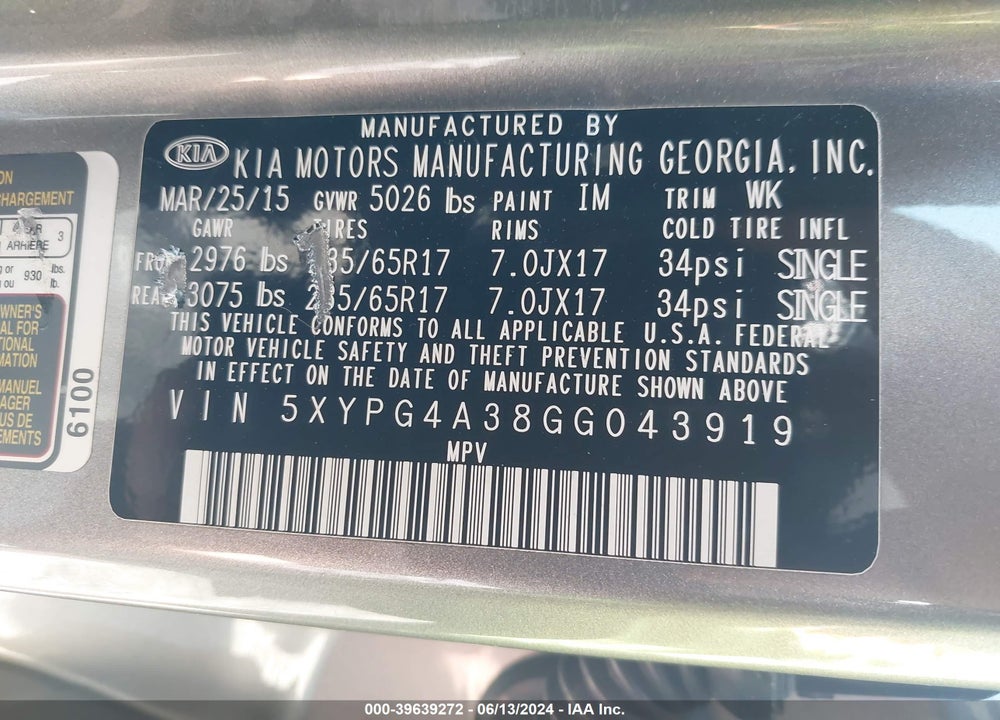 2016 KIA SORENTO 2.4L LX VIN: 5XYPG4A38GG043919