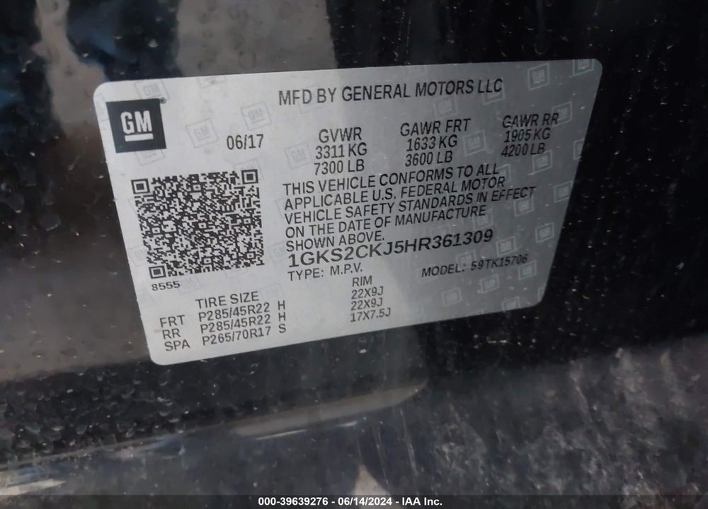 2017 GMC YUKON DENALI VIN: 1GKS2CKJ5HR361309