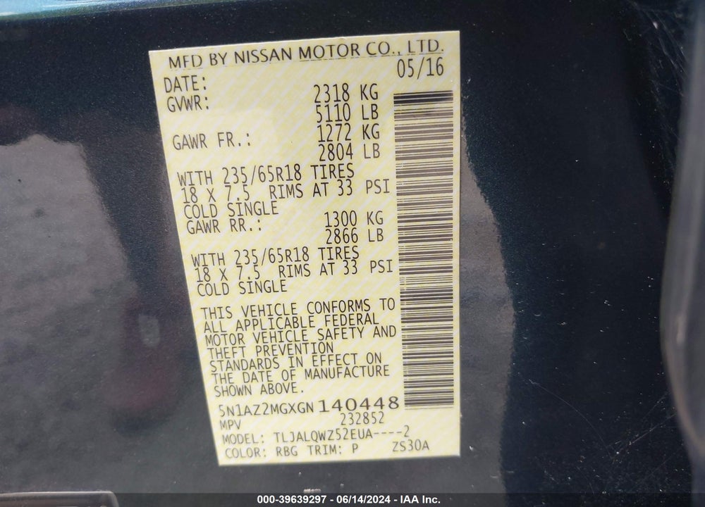 2016 NISSAN MURANO SV VIN: 5N1AZ2MGXGN140448