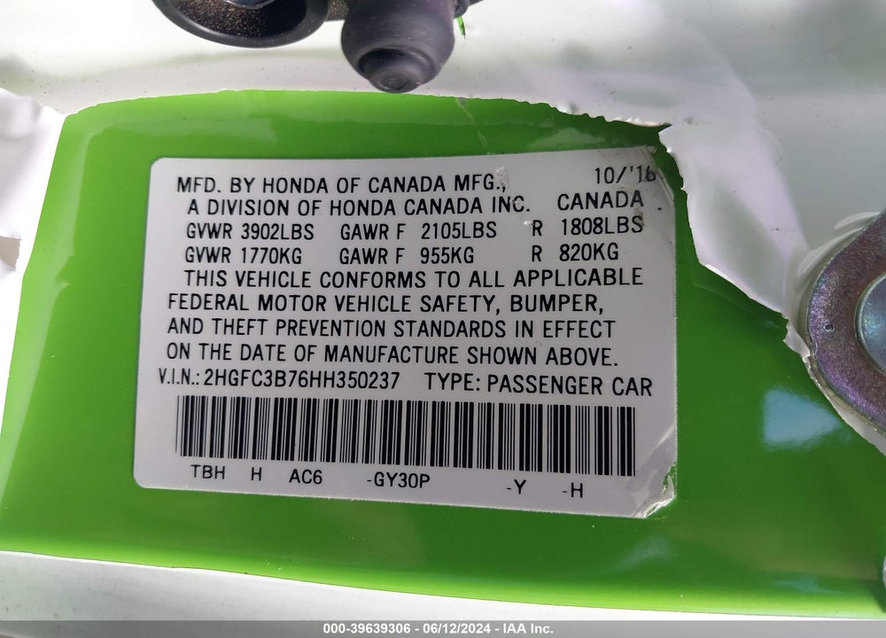 2017 HONDA CIVIC EX-L VIN: 2HGFC3B76HH350237