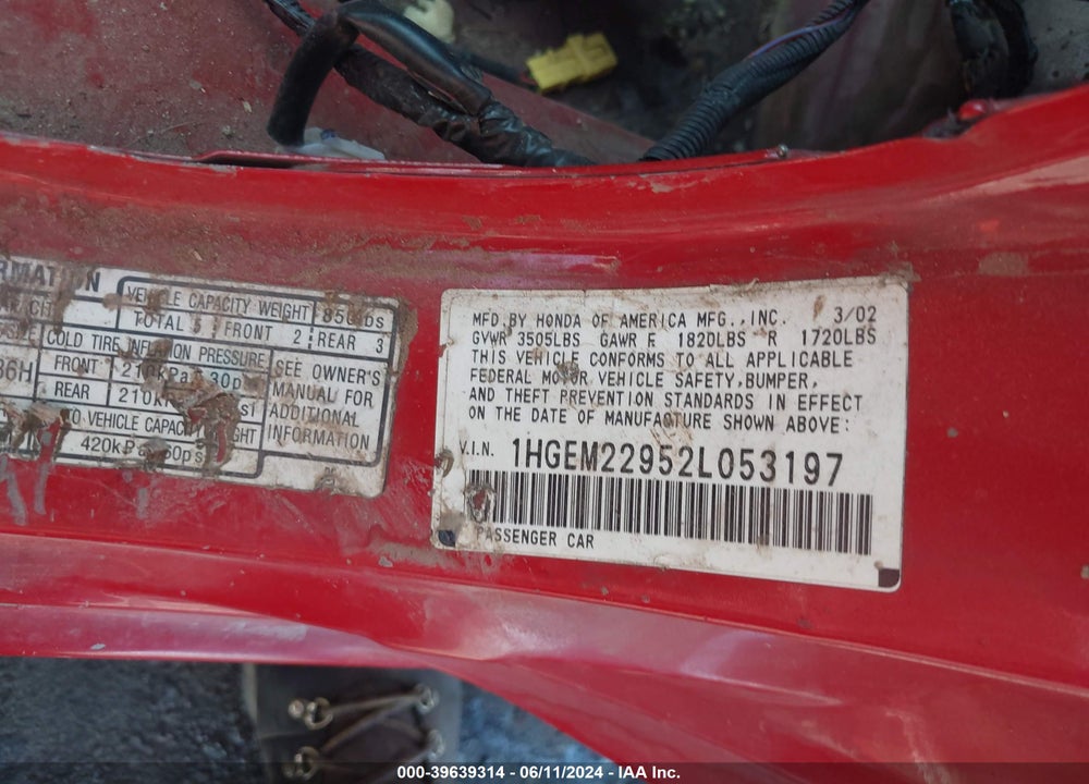 2002 HONDA CIVIC EX VIN: 1HGEM22952L053197