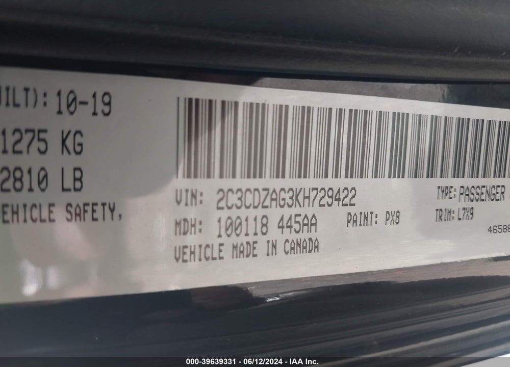 2019 DODGE CHALLENGER SXT VIN: 2C3CDZAG3KH729422