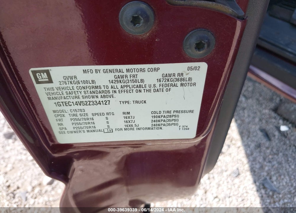 2002 GMC SIERRA 1500 SLE VIN: 1GTEC14V52Z334127