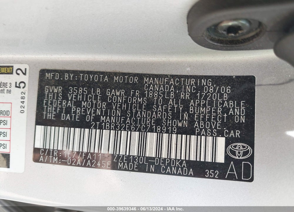 2007 TOYOTA COROLLA CE VIN: 2T1BR32E67C718919