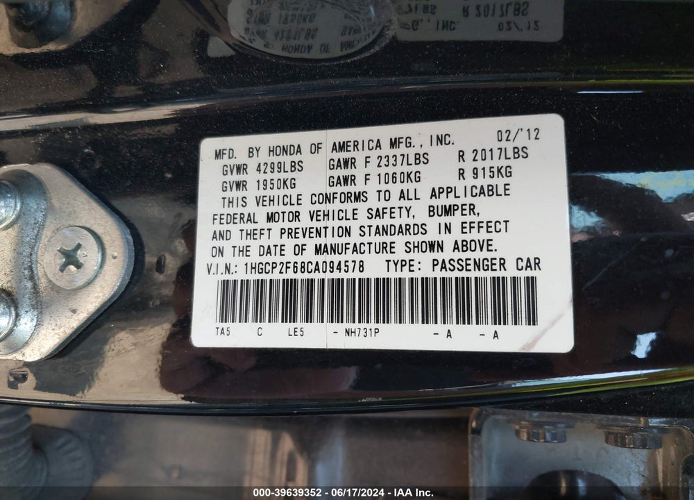 2012 HONDA ACCORD 2.4 SE VIN: 1HGCP2F68CA094578