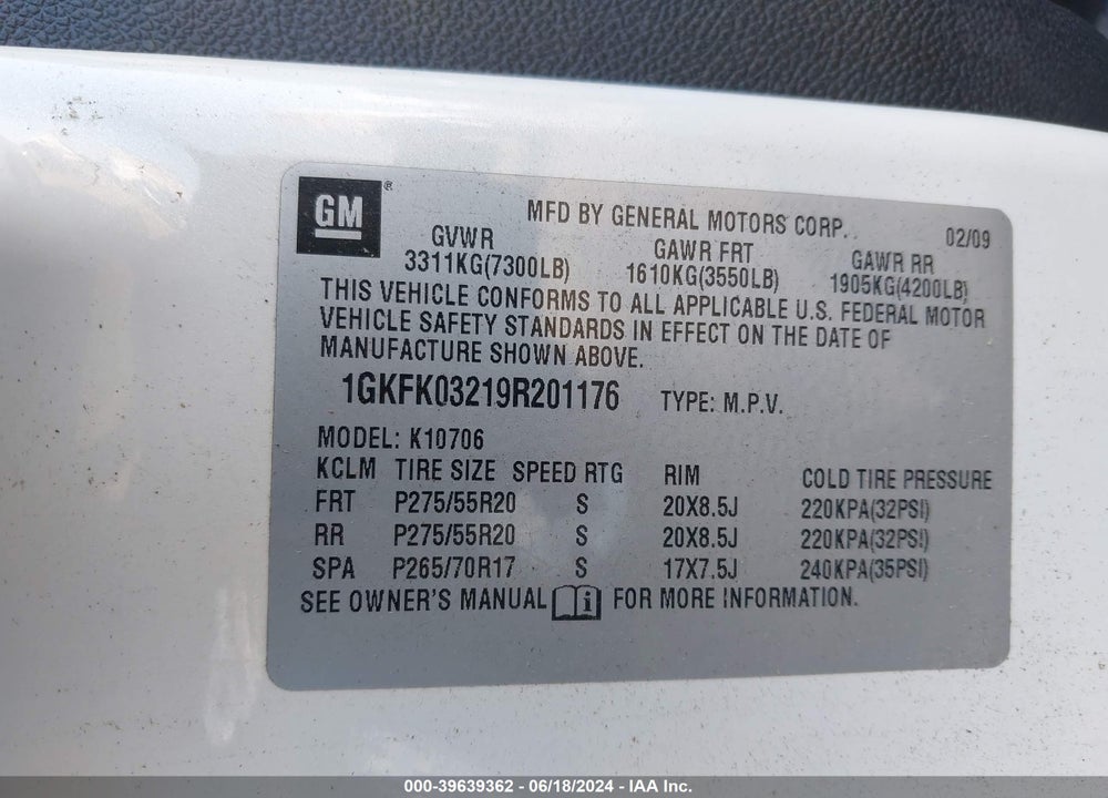 2009 GMC YUKON DENALI VIN: 1GKFK03219R201176