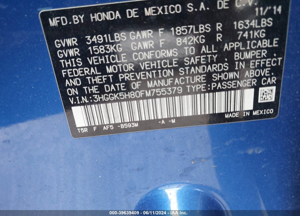 2015 HONDA FIT EX/EX-L VIN: 3HGGK5H80FM755379