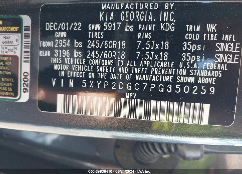 2023 KIA TELLURIDE LX VIN: 5XYP2DGC7PG350259