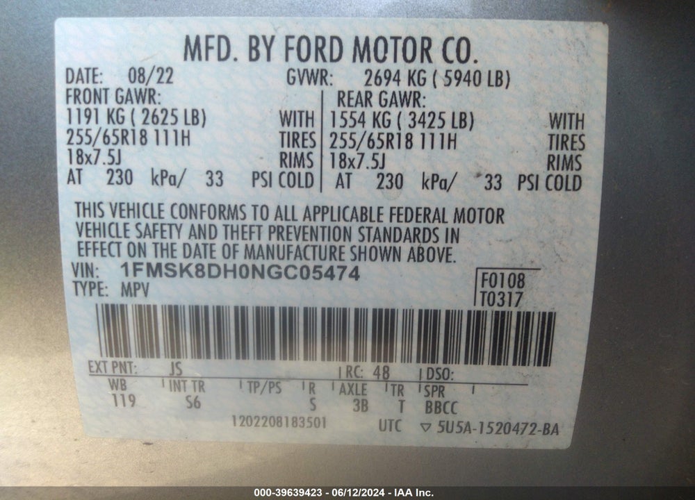 2022 FORD EXPLORER XLT VIN: 1FMSK8DH0NGC05474