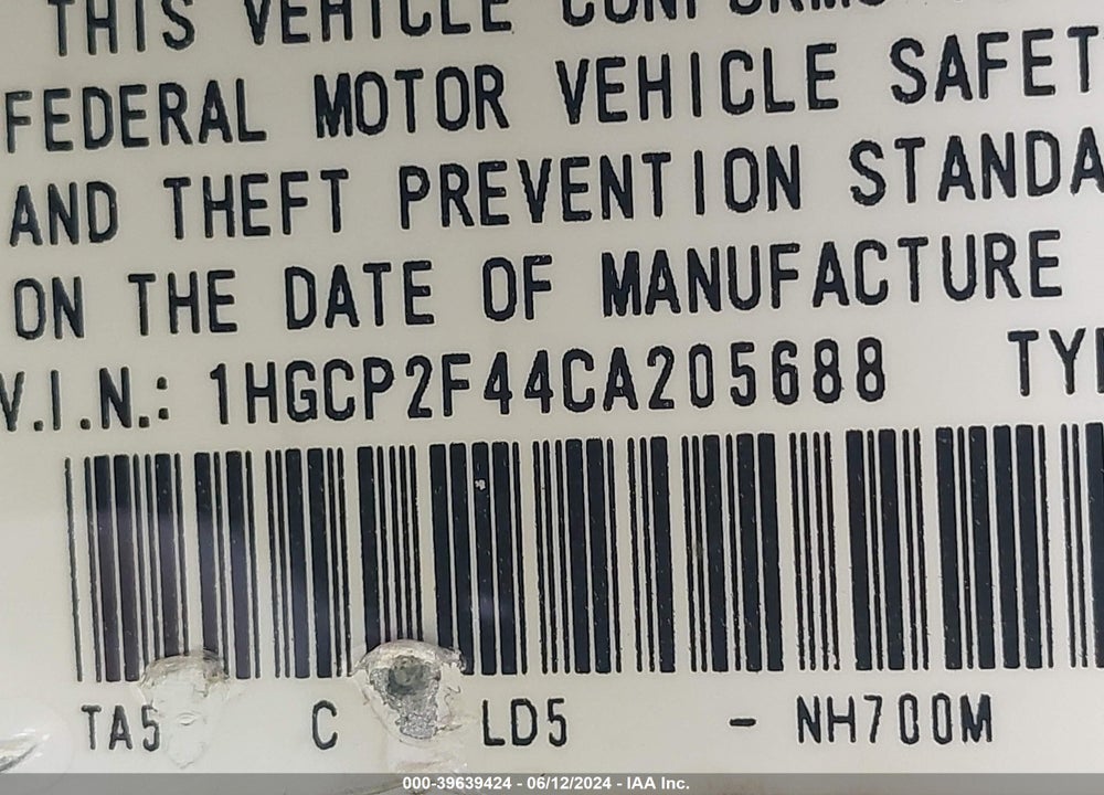 2012 HONDA ACCORD 2.4 LX-P VIN: 1HGCP2F44CA205688