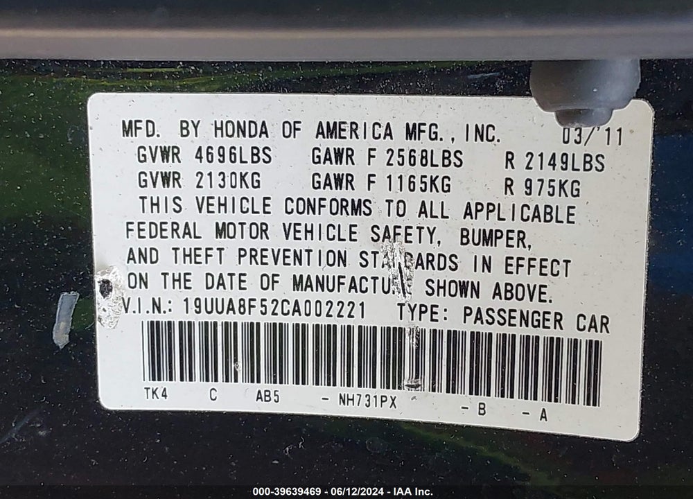 2012 ACURA TL 3.5 VIN: 19UUA8F52CA002221