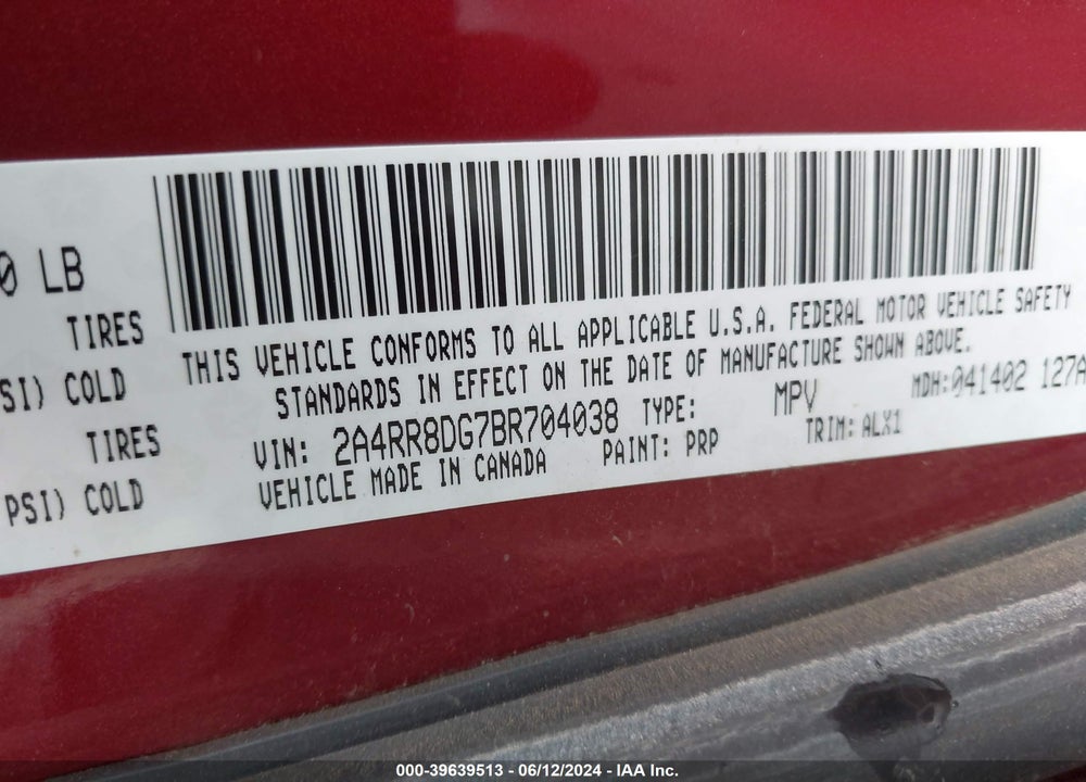 2011 CHRYSLER TOWN & COUNTRY TOURING-L VIN: 2A4RR8DG7BR704038