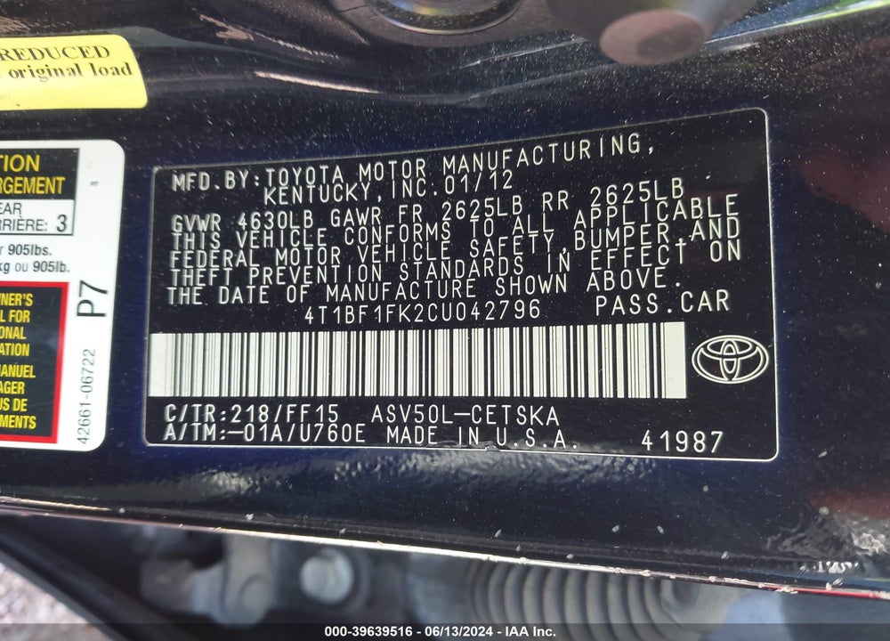 2012 TOYOTA CAMRY SE VIN: 4T1BF1FK2CU042796