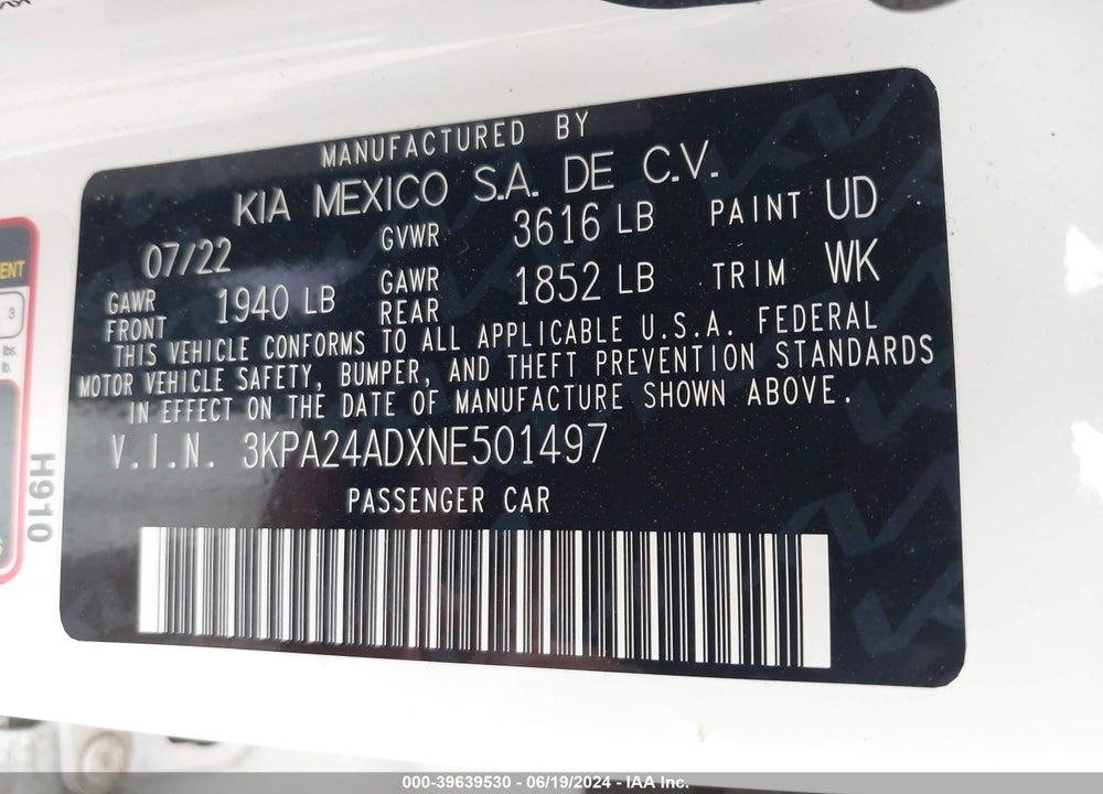 2022 KIA RIO LX VIN: 3KPA24ADXNE501497