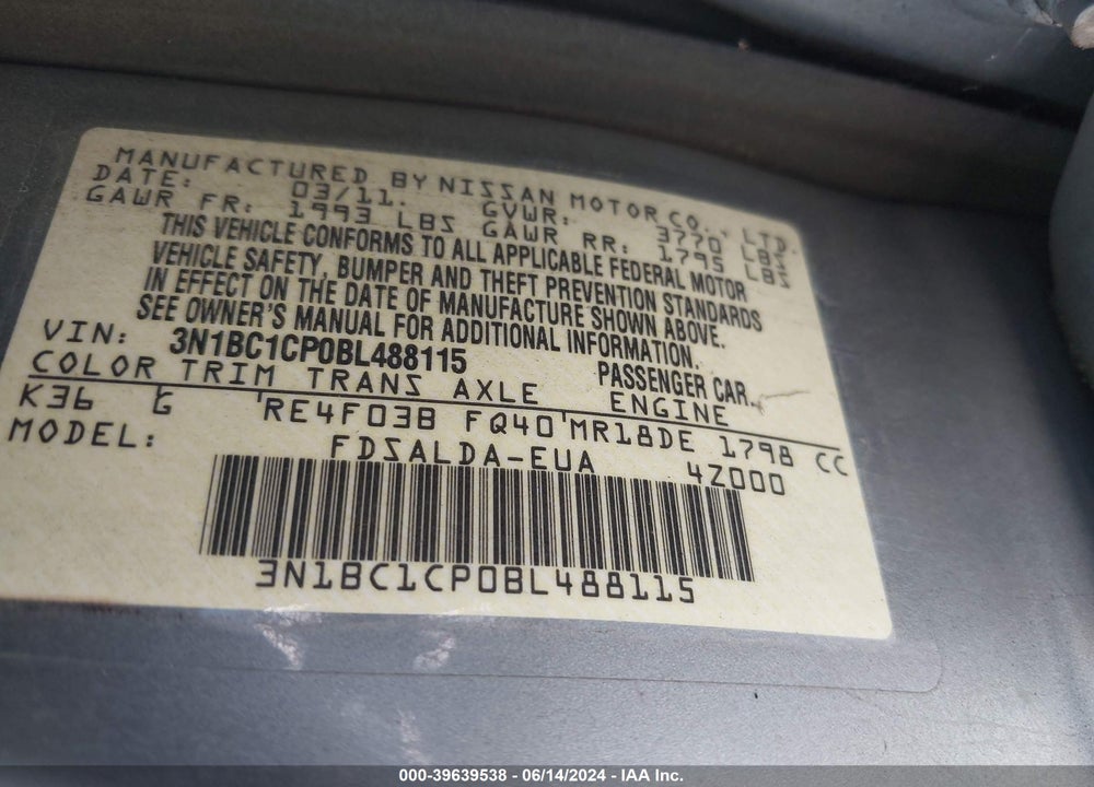 2011 NISSAN VERSA 1.8S VIN: 3N1BC1CP0BL488115