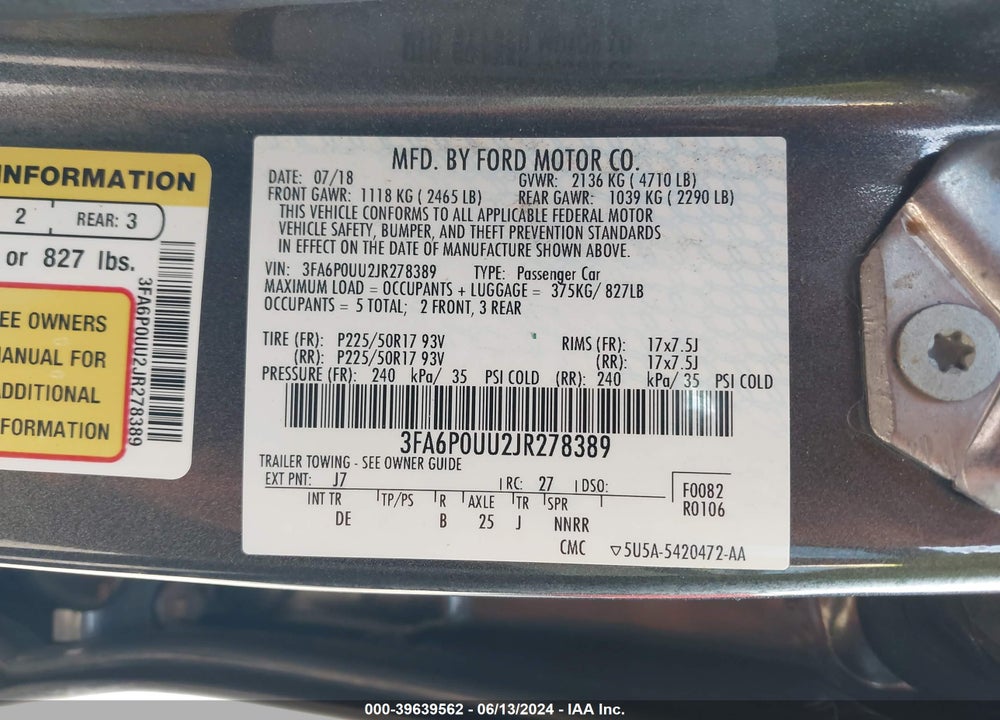 2018 FORD FUSION HYBRID S VIN: 3FA6P0UU2JR278389