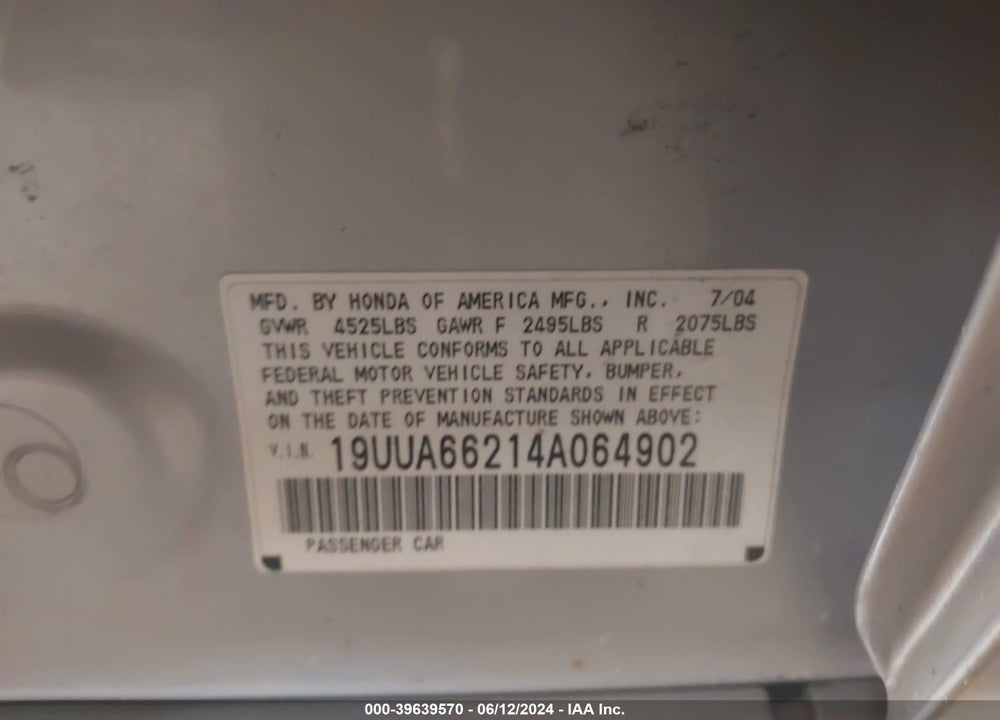 2004 ACURA TL VIN: 19UUA66214A064902
