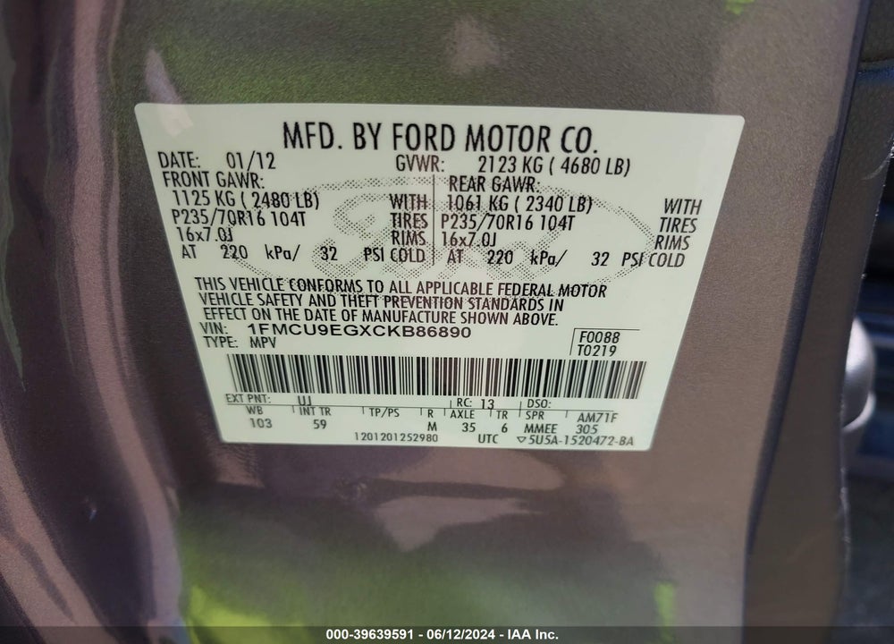 2012 FORD ESCAPE LIMITED VIN: 1FMCU9EGXCKB86890