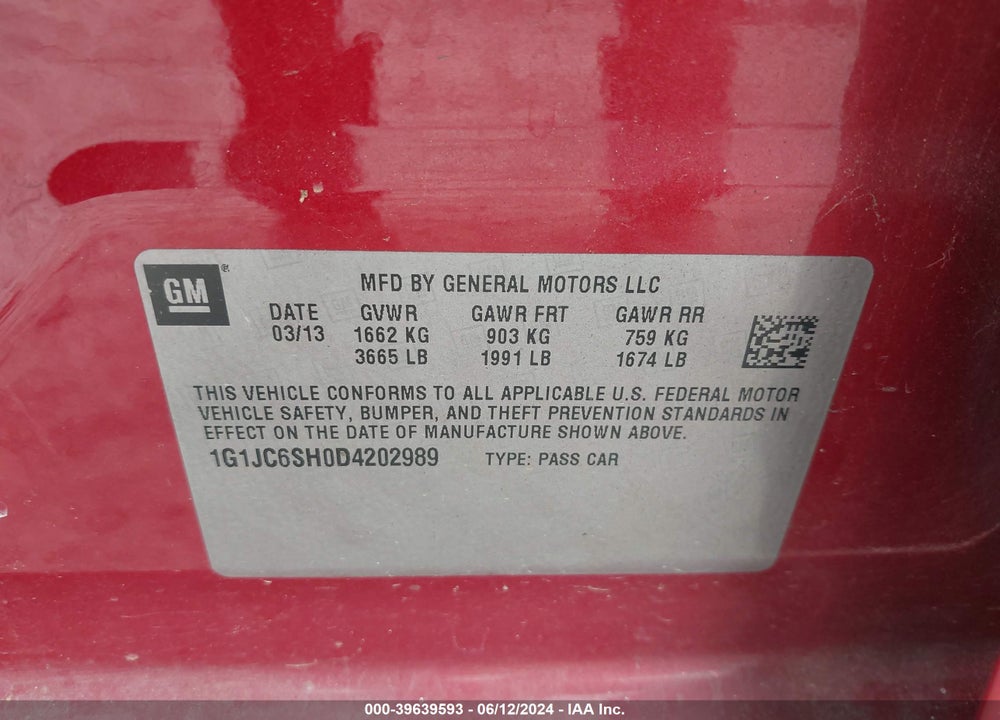 2013 CHEVROLET SONIC LT AUTO VIN: 1G1JC6SH0D4202989