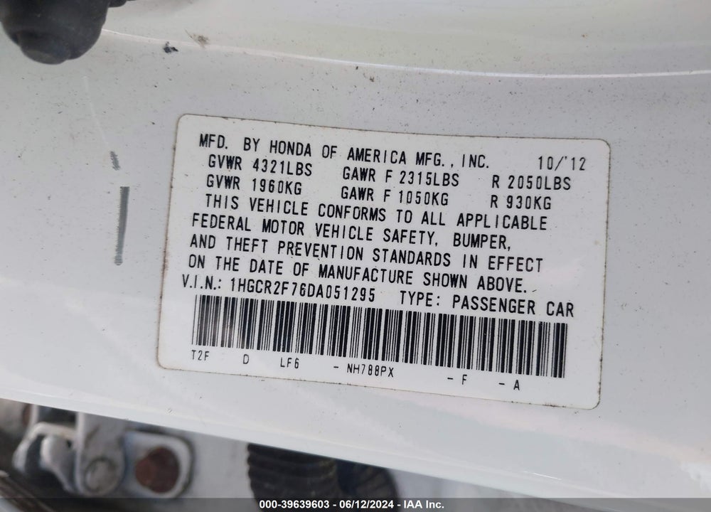 2013 HONDA ACCORD EX VIN: 1HGCR2F76DA051295