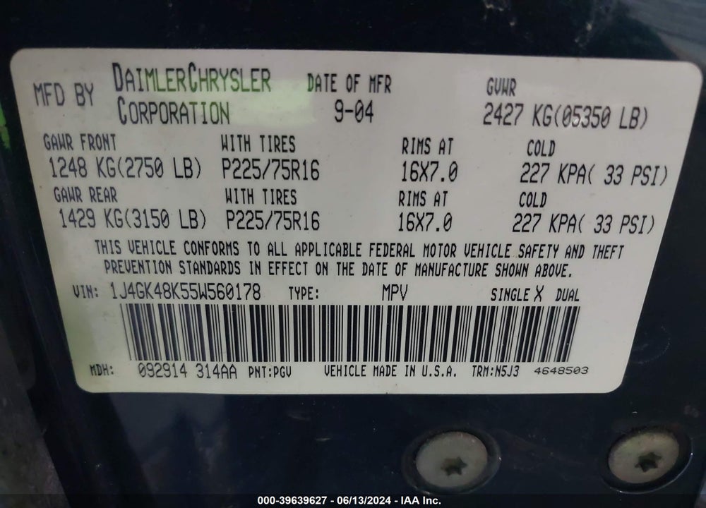 2005 JEEP LIBERTY SPORT VIN: 1J4GK48K55W560178