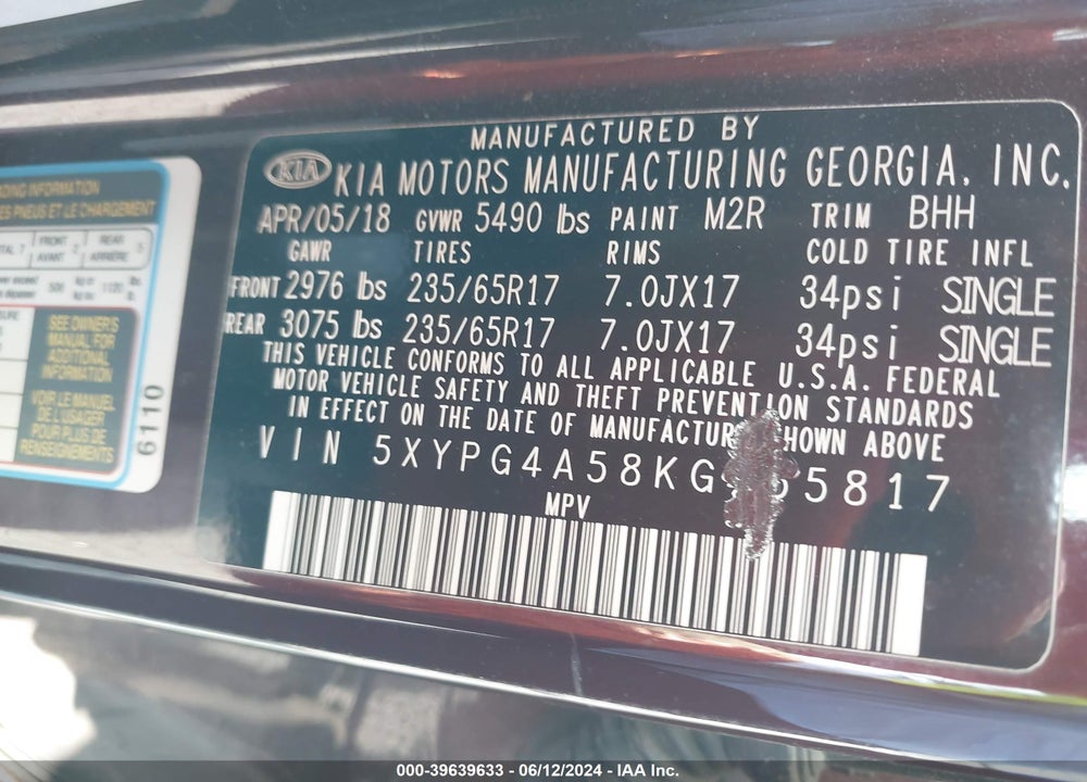 2019 KIA SORENTO 3.3L LX VIN: 5XYPG4A58KG455817