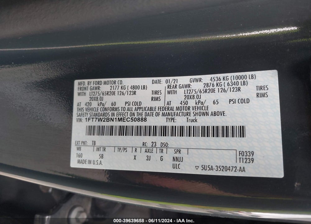 2021 FORD F-250 LARIAT VIN: 1FT7W2BN1MEC50888