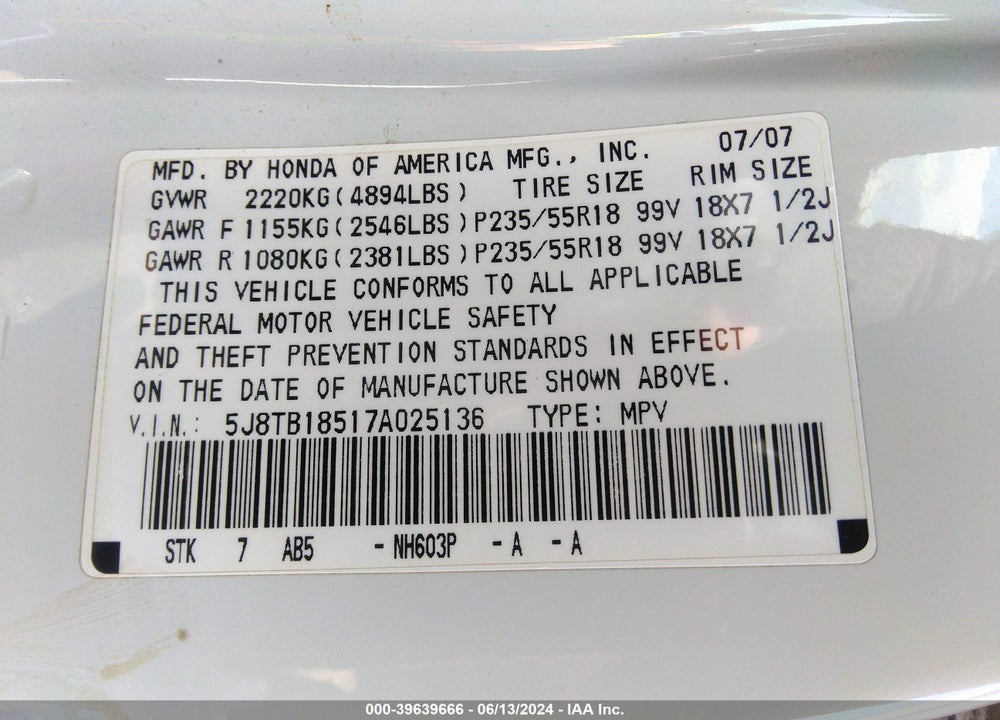 2007 ACURA RDX VIN: 5J8TB18517A025136