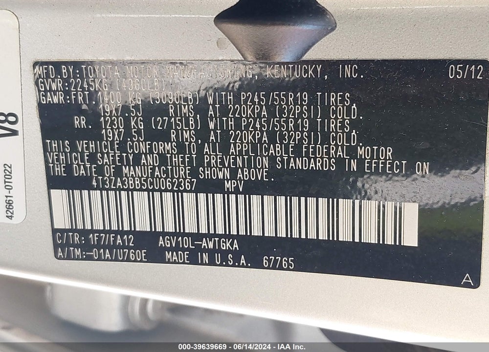 2012 TOYOTA VENZA LE VIN: 4T3ZA3BB5CU062367