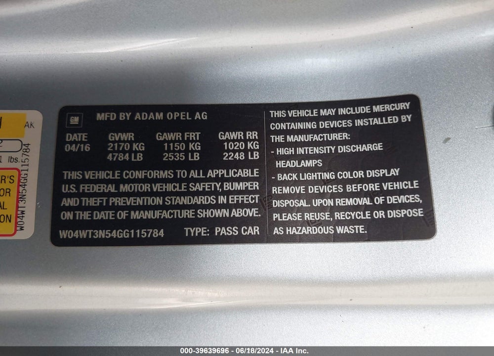 2016 BUICK CASCADA VIN: W04WT3N54GG115784