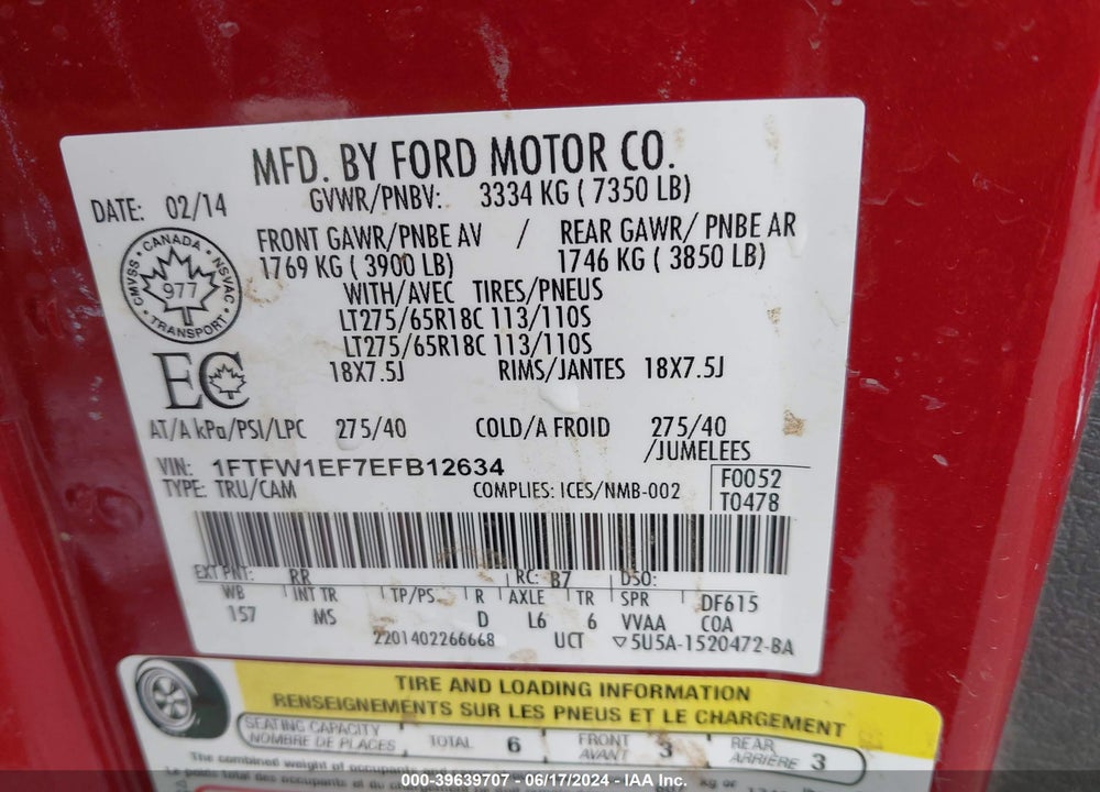 2014 FORD F-150 XLT VIN: 1FTFW1EF7EFB12634