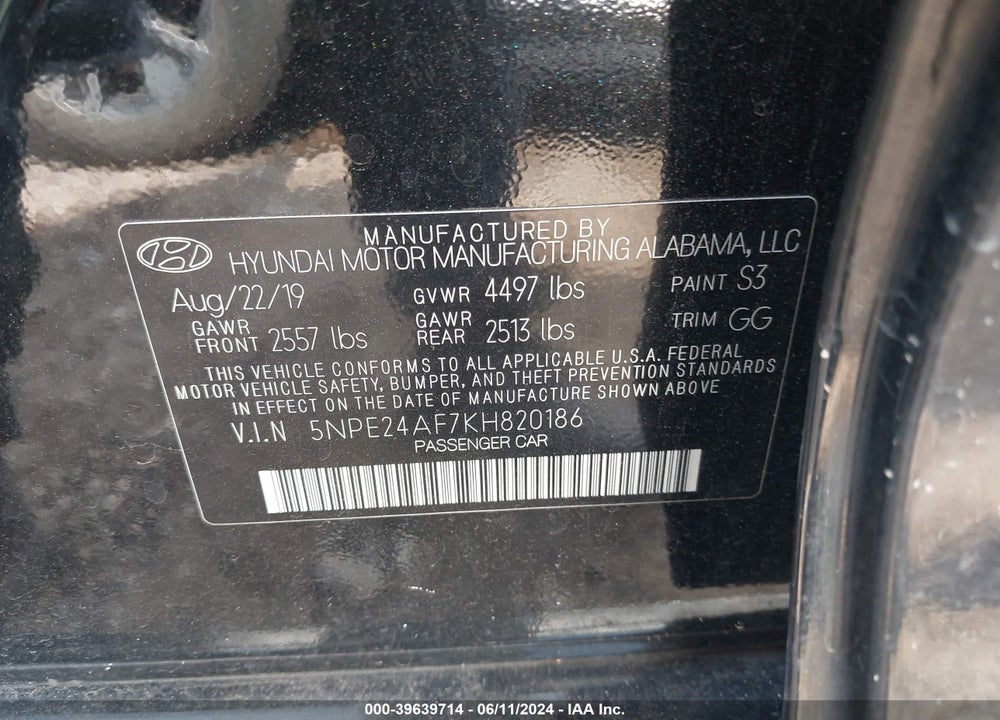 2019 HYUNDAI SONATA SE VIN: 5NPE24AF7KH820186