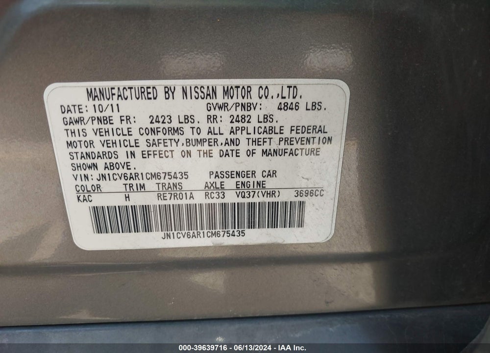 2012 INFINITI G37X VIN: JN1CV6AR1CM675435