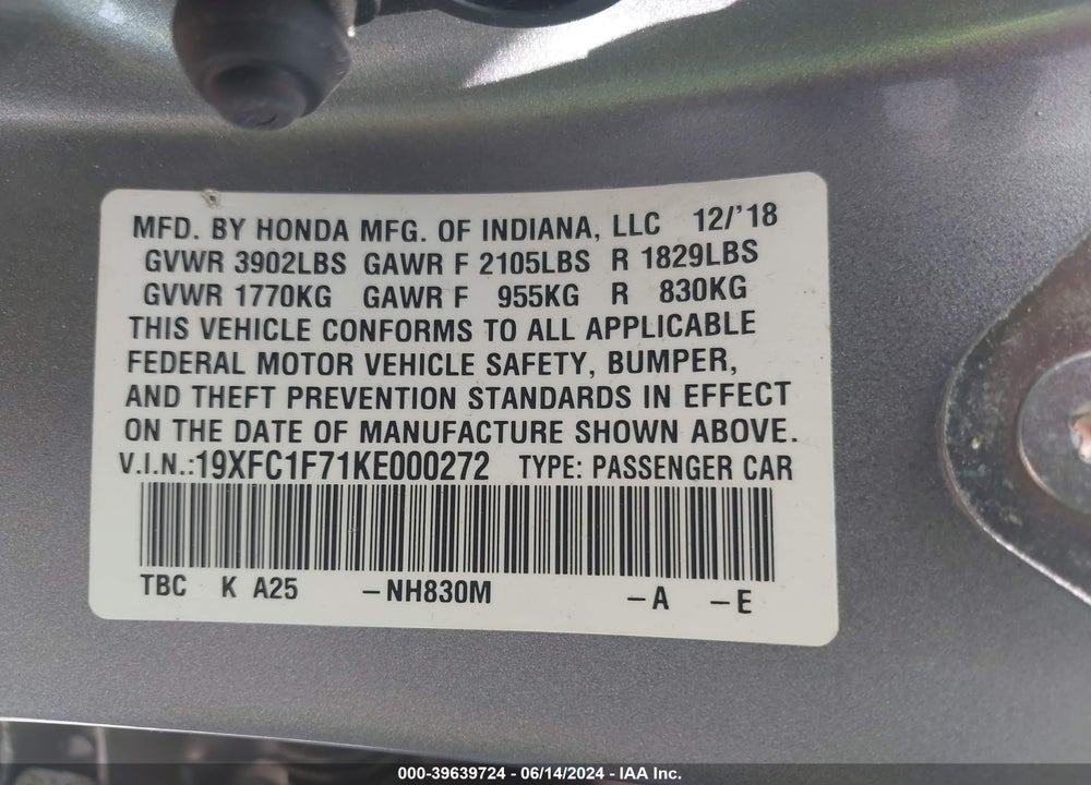 2019 HONDA CIVIC EX-L VIN: 19XFC1F71KE000272