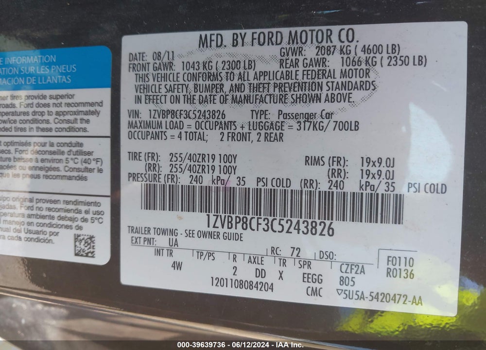 2012 FORD MUSTANG GT PREMIUM VIN: 1ZVBP8CF3C5243826