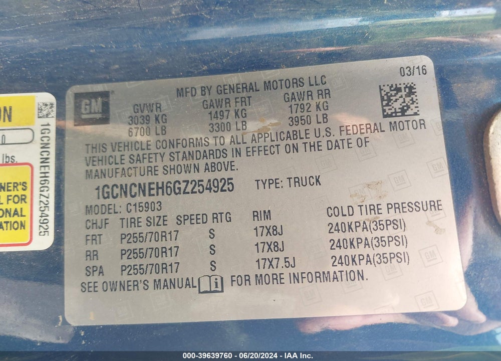 2016 CHEVROLET SILVERADO 1500 WT VIN: 1GCNCNEH6GZ254925