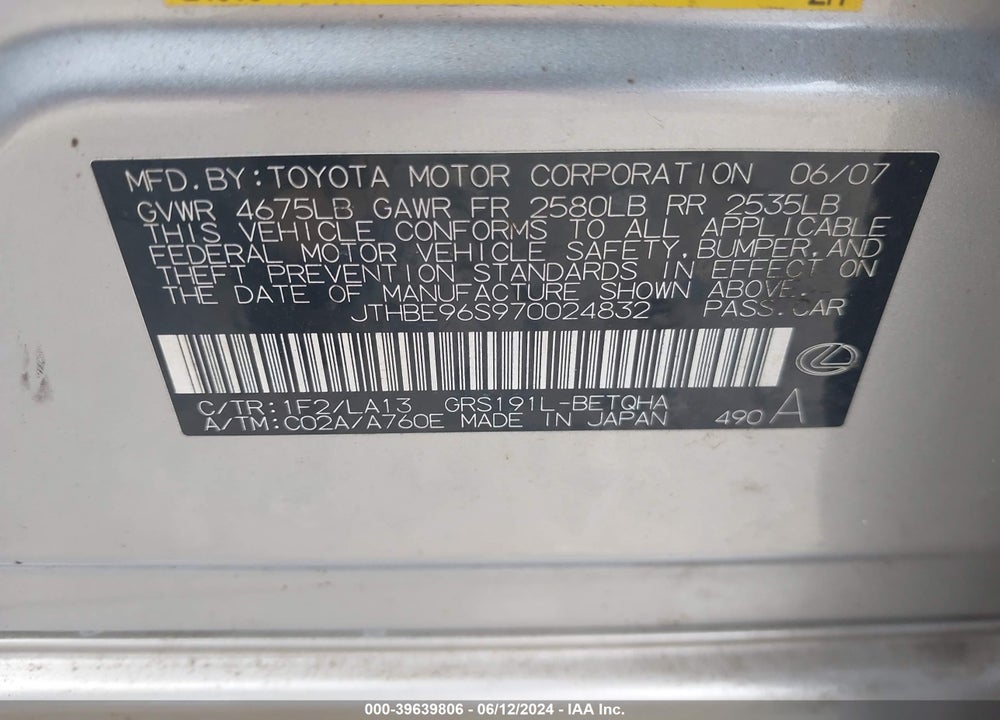 2007 LEXUS GS 350 VIN: JTHBE96S970024832