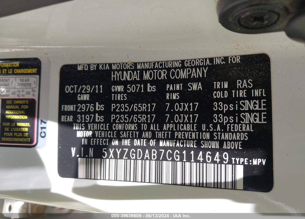 2012 HYUNDAI SANTA FE GLS VIN: 5XYZGDAB7CG114649