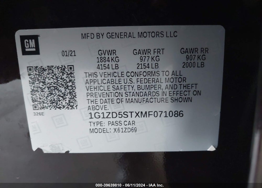 2021 CHEVROLET MALIBU FWD LT VIN: 1G1ZD5STXMF071086