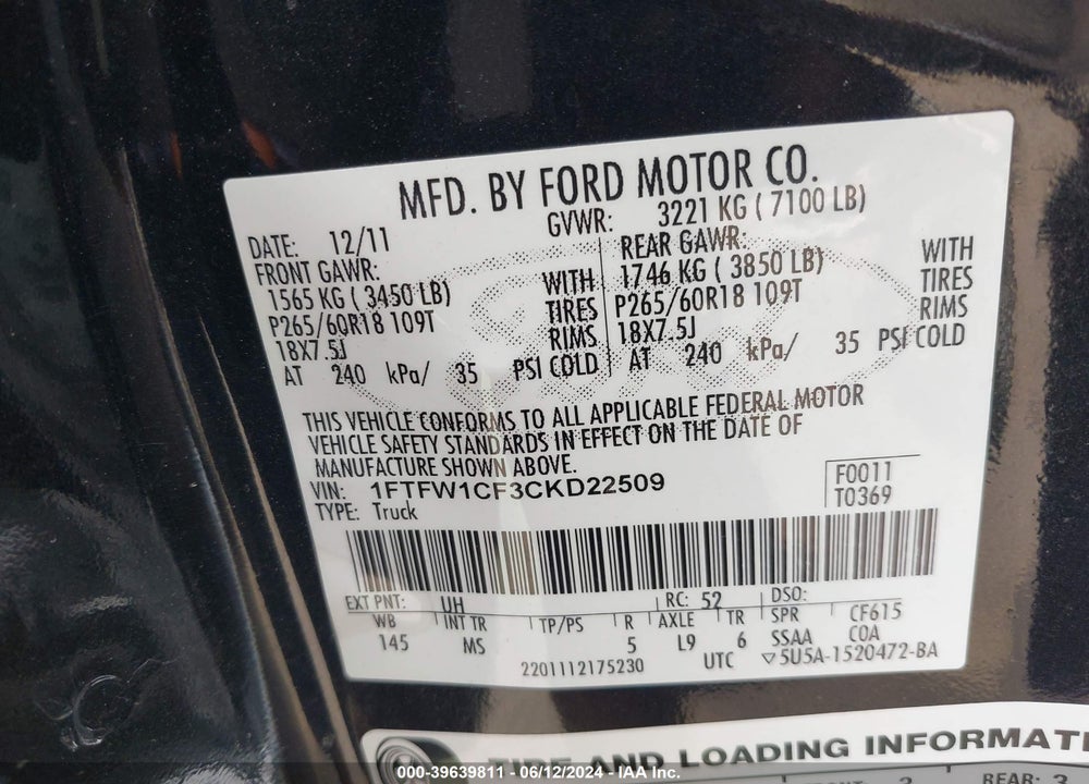 2012 FORD F-150 XLT VIN: 1FTFW1CF3CKD22509