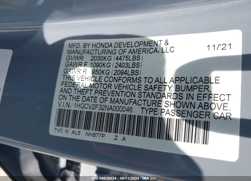 2022 HONDA ACCORD SPORT 2.0T VIN: 1HGCV2F32NA000046