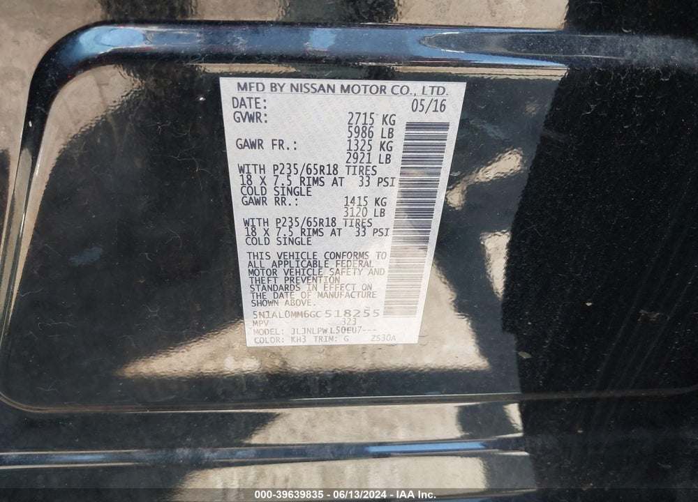 2016 INFINITI QX60 VIN: 5N1AL0MM6GC518255