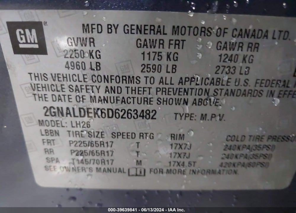 2013 CHEVROLET EQUINOX VIN: 2GNALDEK6D6263482
