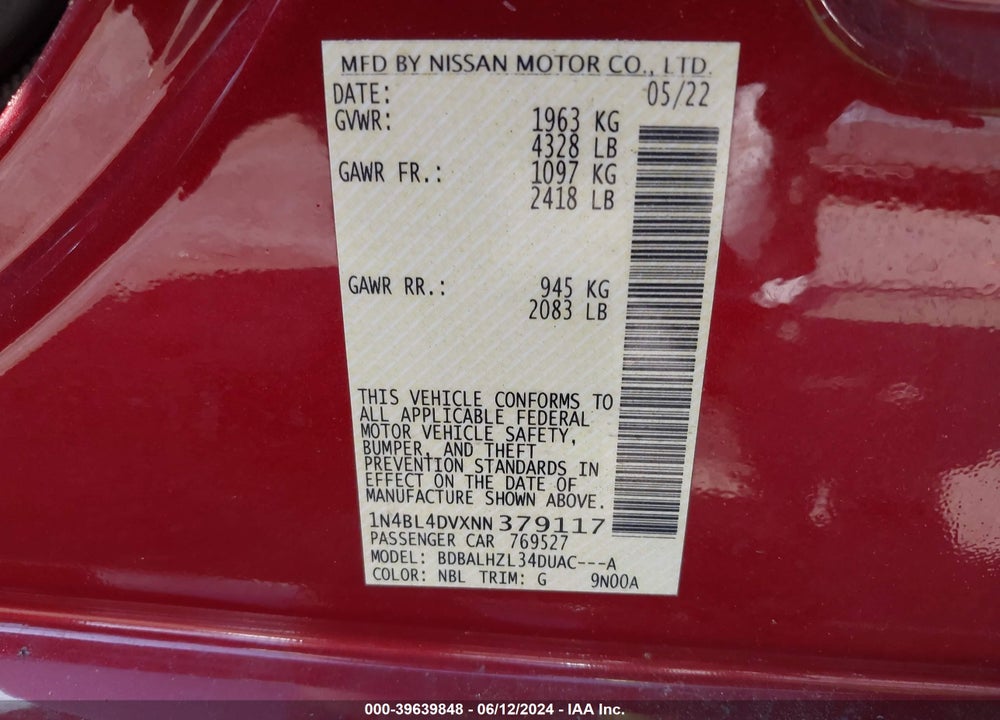 2022 NISSAN ALTIMA SV FWD VIN: 1N4BL4DVXNN379117